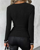 Beaded Scoop Neck Long Sleeve Ribbed Top