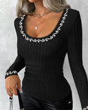 Beaded Scoop Neck Long Sleeve Ribbed Top