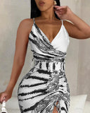 Zebra Stripe Tie Dye Print High Slit Drawstring Maxi Dress