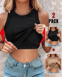 2 Piece Built in Bra Crewneck Tank Top Terry Towelling Lined Sleeveless Slim Fit Layering Shirt Tops