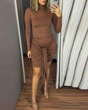 Mock Neck Knotted Long Sleeve Bodycon Dress