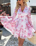 Floral Print Bell Sleeve Plunge Dress