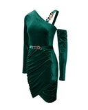 Velvet One Shoulder Chain Decor Ruched Bodycon Dress