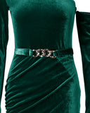 Velvet One Shoulder Chain Decor Ruched Bodycon Dress