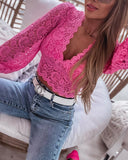 Lantern Sleeve V Neck Lace Crop Top