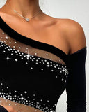 Rhinestone Bandeau Sheer Mesh Slim Fit Long Sleeve Tee Sexy Top