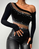 Rhinestone Bandeau Sheer Mesh Slim Fit Long Sleeve Tee Sexy Top