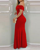 Off Shoulder Ruffle Hem Maxi Evening Dress