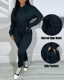 Shirred Pocket Design Crop Hoodie & High Waist Cuffed Sweatpants Set