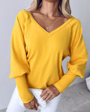 V Neck Gigot Sleeve Back Drawstring Top