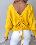 V Neck Gigot Sleeve Back Drawstring Top