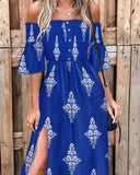 Graphic Print Off Shoulder Shirred Maxi Dress Bell Sleeve Split Flowy Dress