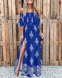 Graphic Print Off Shoulder Shirred Maxi Dress Bell Sleeve Split Flowy Dress