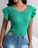 Rhinestone Ruffle Hem Round Neck Knit Top