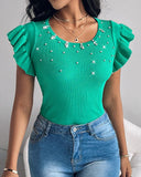 Rhinestone Ruffle Hem Round Neck Knit Top