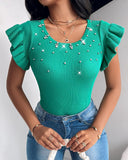 Rhinestone Ruffle Hem Round Neck Knit Top