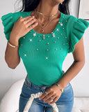 Rhinestone Ruffle Hem Round Neck Knit Top