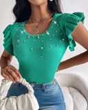 Rhinestone Ruffle Hem Round Neck Knit Top