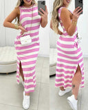 Striped O neck Slit Maxi Dress