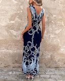 Tribal Plants Print Sleeveless Maxi Dress