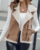 Pu Notched Collar Sleeveless Jacket Front Pocket Chain Fall and Winter Coat