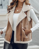 Pu Notched Collar Sleeveless Jacket Front Pocket Chain Fall and Winter Coat