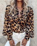 Cheetah Print Lantern Puff Sleeve Shirt