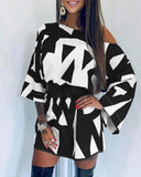 Cold Shoulder Bell Sleeve Abstract Print Dress