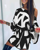 Cold Shoulder Bell Sleeve Abstract Print Dress