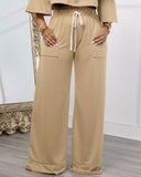 2 Pieces Off the Shoulder Bell Sleeve Top and Drawstring Casual Wide Leg Pants Sets With Pockets