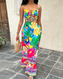 Tropical Print Backless Hollow Out Dress