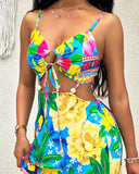 Tropical Print Backless Hollow Out Dress