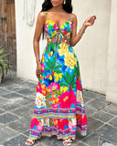 Tropical Print Backless Hollow Out Dress