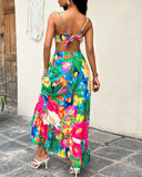 Tropical Print Backless Hollow Out Dress