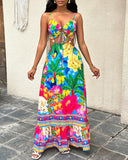 Tropical Print Backless Hollow Out Dress