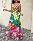 Tropical Print Backless Hollow Out Dress