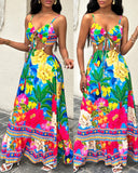 Tropical Print Backless Hollow Out Dress