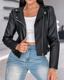 PU Leather Notched Collar Zipper Design Biker Jacket