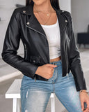 PU Leather Notched Collar Zipper Design Biker Jacket