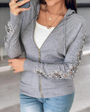 Beaded Decor Lace Patchwork Long Sleeve Zip up Cardigan Hooded Top