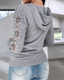 Beaded Decor Lace Patchwork Long Sleeve Zip up Cardigan Hooded Top