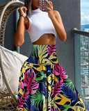 Tropical Leaf Print Shirred Wide Leg Pants