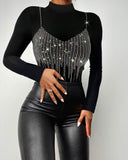 Mock Neck Long Sleeve Rhinestone Decor Top