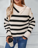 Striped Asymmetrical Neck Buttoned Knit Sweater