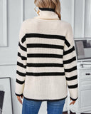 Striped Asymmetrical Neck Buttoned Knit Sweater