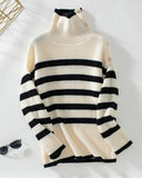 Striped Asymmetrical Neck Buttoned Knit Sweater