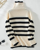 Striped Asymmetrical Neck Buttoned Knit Sweater