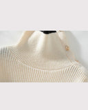 Striped Asymmetrical Neck Buttoned Knit Sweater