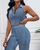 2PCS Striped Textured Sleeveless Crop Top & High Waist Pants Set