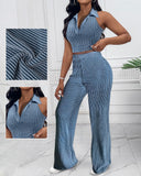 2PCS Striped Textured Sleeveless Crop Top & High Waist Pants Set